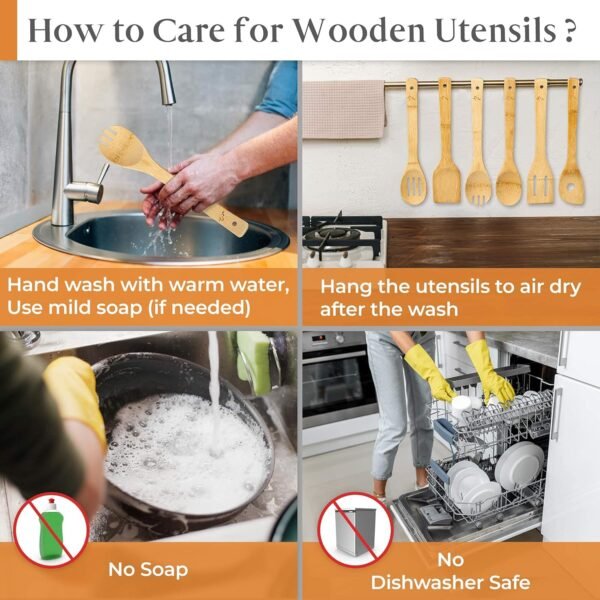 IGA Organic Bamboo Cooking Utensils Set Spoons, Spatulas With Holder For High Heat Resistant In Nonstick Pots, Pans & Cast Irons Skillets (8-Piece Set) Great Gift Idea For Everyday Use - Image 7