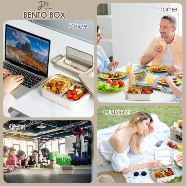 Lille Home Stainless Steel Bento Lunch Box – 2-Compartment Steel Lunch Box for Adults, Leakproof Lunch Containers, Includes Carry Handle, Lunch Bag, and Cutlery Set, BPA Free - Image 6
