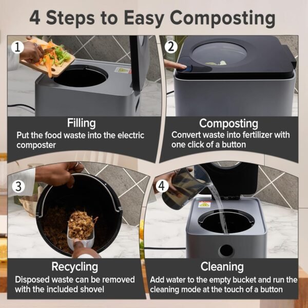 Electric Kitchen Composter, 3L Large Capacity with Visual Lid and LED Display, Turn Food Waste into Dry Compost, Intelligent Grinding Level Auto Stop, Low Noise, Automatic Cleaning - Image 3