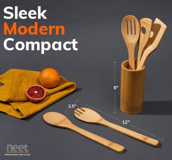 Neet Wooden Spoons For Cooking 6 Piece Organic Bamboo Utensil Set With Holder Wood Kitchen Utensils Spatula Spoon For High Heat Stirring In Nonstick Pots & Pans Quality Gift & Everyday Use - Image 3
