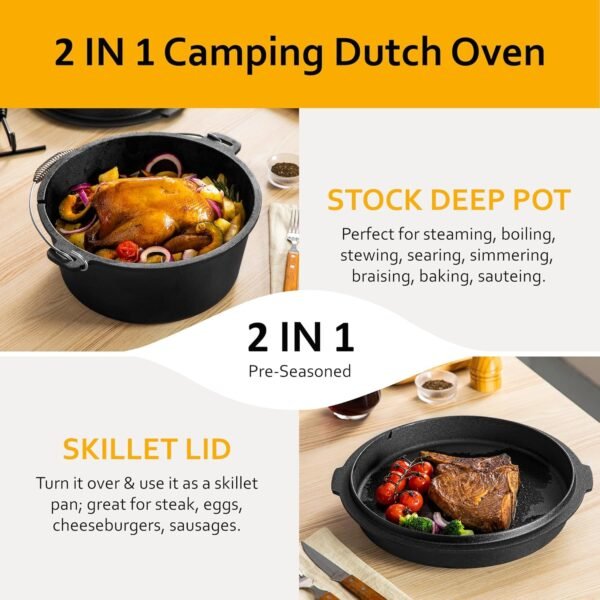Velaze 10QT Camping Dutch Oven, Pre-Seasoned Cast Iron Camp Dutch Oven Pot with Lid, for Use in the Oven, on the Stove, Grill, or over the Campfire - Metal Handle, Lid Lifter, and Tripod - Image 3