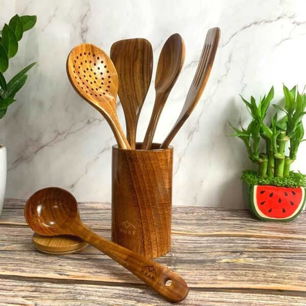 Premium Teak Healthy Spoons, Durable Eco-friendly Spatula, Wooden Utensils for Cooking set with Holder & Canvas Bag, Wooden Cooking Utensils, Cooking Gifts for Mom, Wooden Spoons for Cooking - Image 6