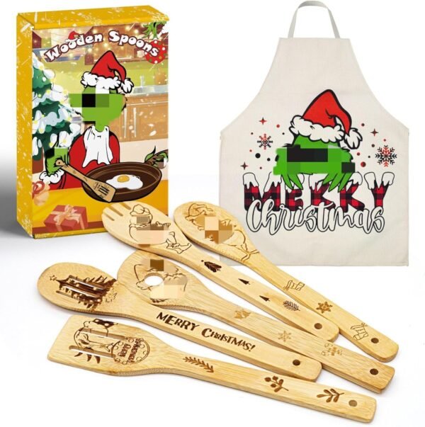 Christmas gifts for women men - Bamboo wooden spoons for cooking utensil set with apron - special gifts for chef mom dad mother father grandmother