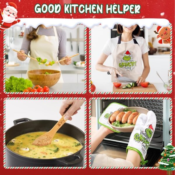 8-Piece Bamboo Christmas Kitchen Utensil Set - Green Monster Design Cooking Spoons, Apron, Oven Mitt & Pot Holder - Christmas Gift for Women, Wife, Mom, and Grandma - Image 6