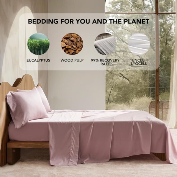 EVERGRACE Cotton TENCEL Sheets Queen Size 4 Piece Set, Silky Soft Cooling Bed Sheets, Luxury Organic Eucalyptus Lyocell Sheets with Deep Pocket, 1 Fitted Sheet, 1 Flat Sheet, 2 Pillowcases, Mauve Pink - Image 3