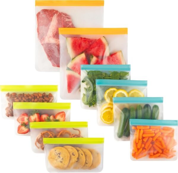Pack of 10 Freezer Bags - BPA-FREE - Reusable Food Grade Storage Bags - Leakproof, - 2 Gallon Size, 4 Snack Size, 4 Sandwich Bags.