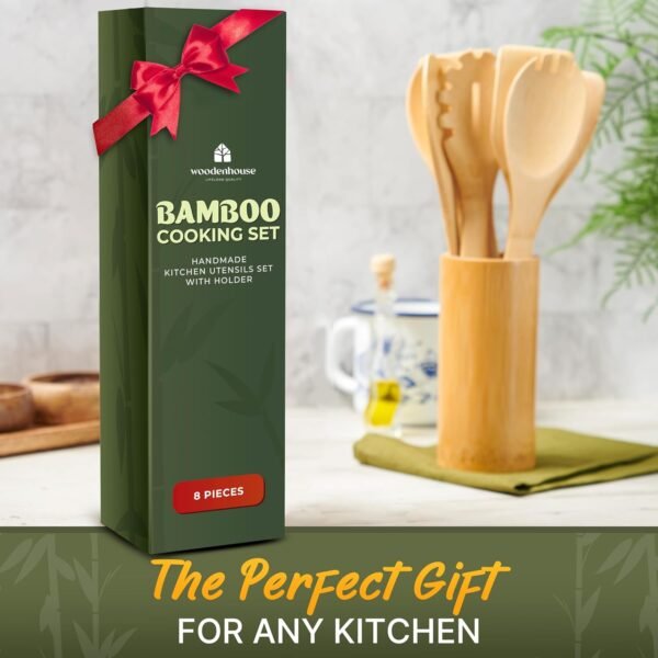 Bamboo Wooden Spoons for Cooking 7 PCs with Holder – Wooden Cooking Utensils + Holder for Nonstick – Wooden Utensil Set – Easy to Clean, Sturdy, Lightweight & Heat Resistant - Image 6