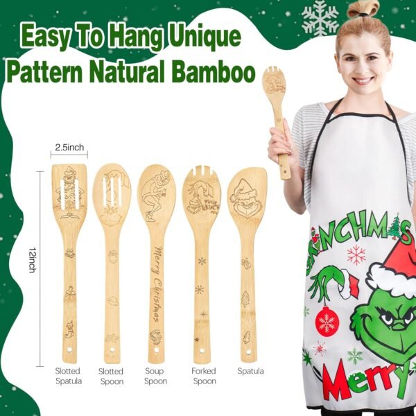 8PCS Bamboo Christmas Kitchen Utensil Set - Green Monster Theme Christmas Gifts for Women Men, Wooden Cooking Spoons, Apron, Oven Mitt Set with Gift Box for Christmas House Warming Wedding Present - Image 2