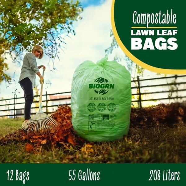 55 Gallon Compostable Trash Bags Flat-Top, Heavy Duty Extra Thick 1.57 Mil, 208.2 Liter, 12 Bags, Large Lawn and Yard Waste Bag, ASTM D6400, US BPI and OK Compost Home Certified - Image 8