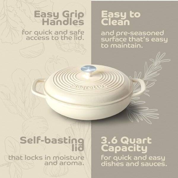 3.6 QT Braiser Enameled Cast Iron Casserole Pan With Cover, Bianco Perla (Off-White) Cast Iron Braiser Pan With Lid, Lasagna Pan Enamel Cast Iron Skillet with Lid Cookware - Image 6