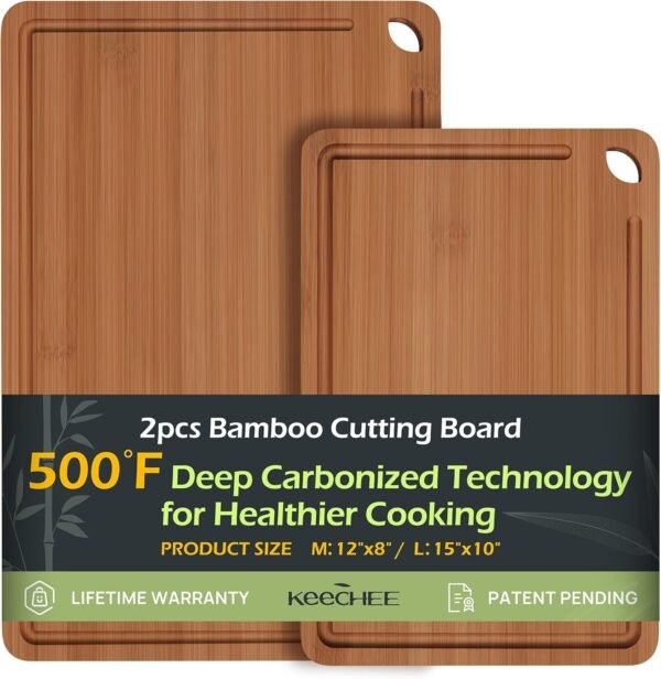 Bamboo Cutting Board, Durable Wood Cutting Boards for Kitchen with Deep Juice Grooves & Built-in Handles (L+M)