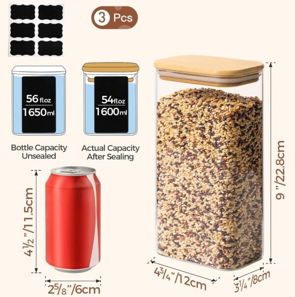 ComSaf 54oz Rectangle Glass Storage Containers with Lids, Glass Jars with Bamboo Lids, Clear Food Storage Jar, Sugar Coffee Containers, Pantry Storage Container for Pasta Rice Flour Oats Nuts Tea - Image 2