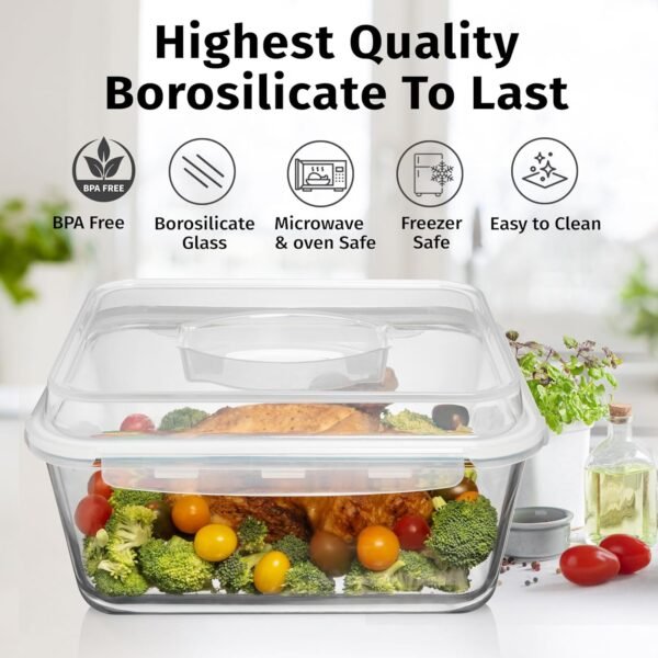6500 ML / 220 oz / 28 Cup LARGE Glass Food Storage Container with Airtight Locking Lid. Ideal Storing food, Vegetables, Fruits. Baking Casserole, Lasagna, Roasting Turkey, Chicken BPA Free Oven Safe - Image 5