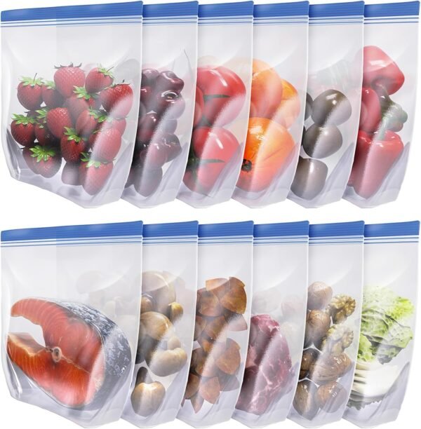 12 Pack Reusable Gallon Freezer Bags Dishwasher Microwave Safe,BPA Free Reusable Bags Silicone Stand Up Leakproof Reusable Food Storage Bags for Meal Prep Fruits Fridge Kitchen Organization
