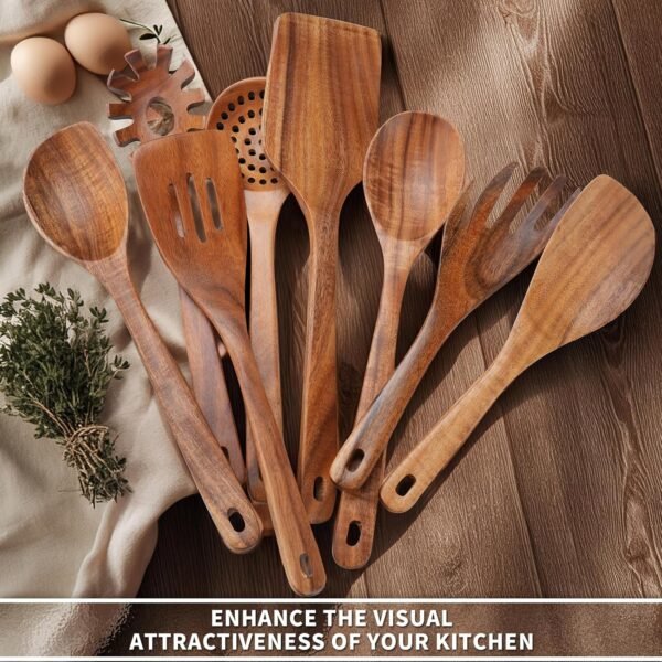 9 PCS Kitchen Utensils Set - Wooden Spoons for Cooking, Natural Teak Wooden Utensils - Includes Wooden Spoons, Spatula Set, Slotted Spoon - Handmade Wooden Spoon Set - Image 7