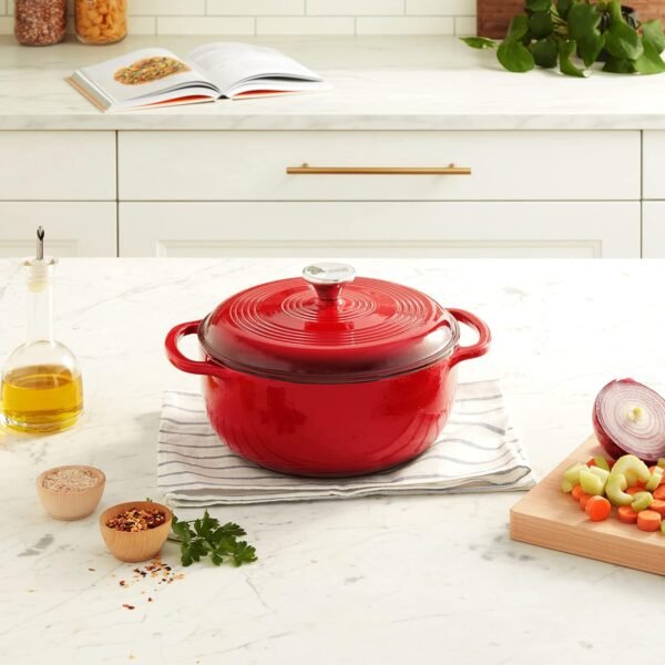 Lodge 4.5 Quart Enameled Cast Iron Dutch Oven with Lid – Dual Handles – Oven Safe up to 500° F or on Stovetop - Use to Marinate, Cook, Bake, Refrigerate and Serve – Island Spice Red - Image 11