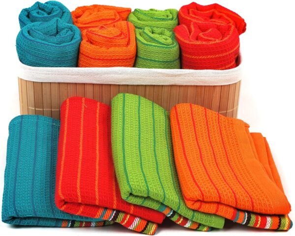 Kitchen Dish Towels Salsa Stripe | 100% Natural Absorbent Cotton Salsa Towels | Multi Purpose Waffle Tea Towels for Drying & Cleaning | Festive Red, Orange, Green and Blue (28 x 16 inches), 12-Pack - Image 5