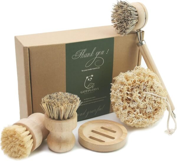 Dish Brush Set with Wooden Handle | Nautral & Bamboo Fibers Plastic Free | Pot Brush Scourer Scrubber ~ 5 Pcs Kitchen Dish Cleaning Tools - Makes Dish Cleaning Easy