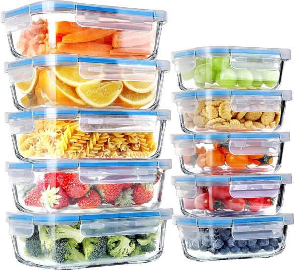 BAYZZ 10 Packs Glass Food Storage Containers with Lids, Glass Meal Prep Containers, Airtight Glass Lunch Containers, Freezer, Oven, Microwave & Dishwasher Friendly, Blue