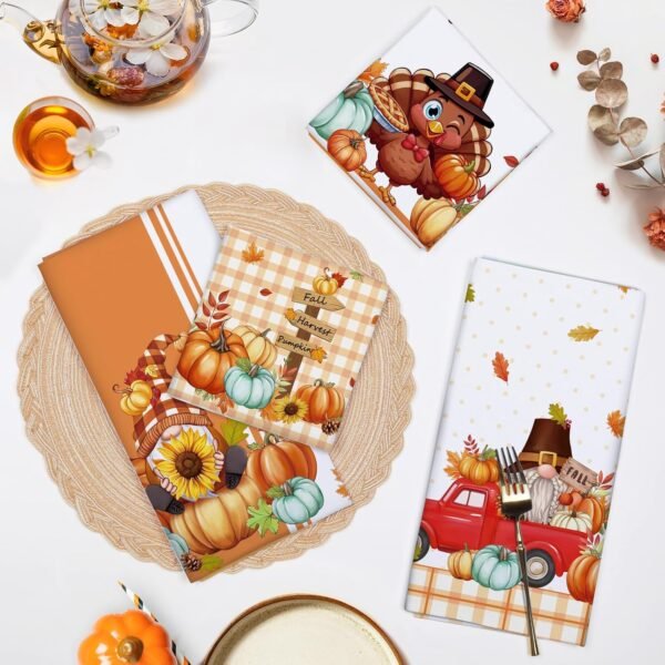 4 Pcs Thanksgiving Turkey Kitchen Towel 100% Cotton Fall Pumpkin Absorbent Dish Towel 27.5"x18.8", Housewarming Decorative Tea Towels for Dining Home - Image 3
