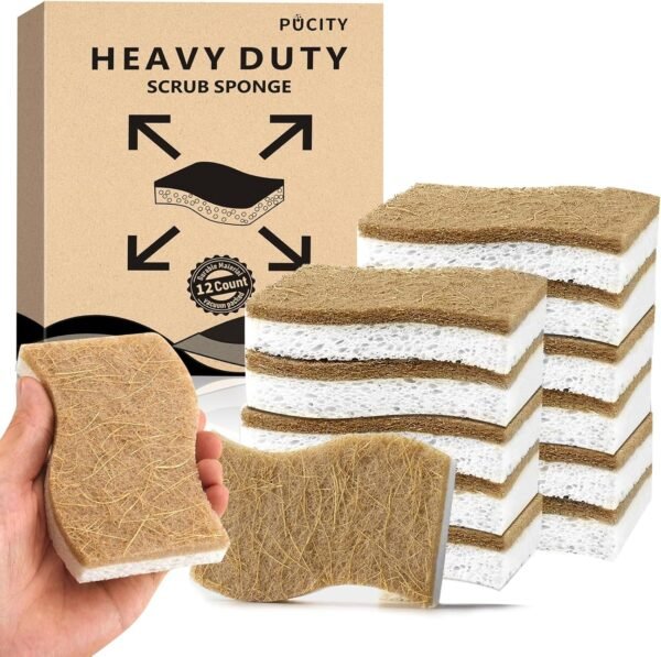 Natural Dish Sponges Kitchen - 12 Count Coconut Scrubber Sponge, Biodegradable Compostable Cellulose, Eco Friendly Sponges for Dishes, Ideal Stocking Stuffers, Non Scratch