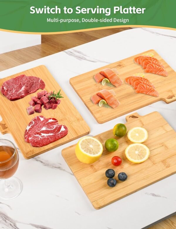 Bamboo Cutting Board Set, Lexda 4 Sets Labeled Tabs Cutting Board with Stainless Holder, Durable Kitchen Cutting Boards For Chopping Fruit, Meat, Cheese, Veggies - 11" x 8" - Image 4