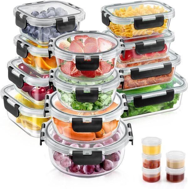 34pcs Glass Food Storage Containers with Lids Set, Airtight Glass Meal Prep Containers (17 Containers & 17 Lids), Leak Proof Lunch Containers BPA-Free, Microwave, Oven, Freezer, Dishwasher Safe-Black