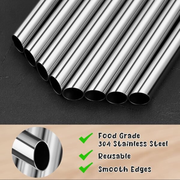 NiHome 8-Pack Stainless Steel Smoothie/Milkshake Straws, 0.5'' Extra Wide Reusable Metal Straw, Straight & Bent Drinking Straws for Boba, Thick Beverages, Cold Drinks, 2 Brushes (Silver) - Image 5
