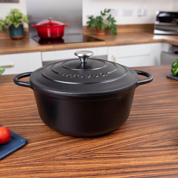 Cast Iron Dutch Oven with Lid – Non-Stick Ovenproof Enamelled Casserole Pot, Oven Safe up to 500° F – Sturdy Dutch Oven Cookware – Black, 6.4-Quart, 28cm – by Nuovva - Image 8