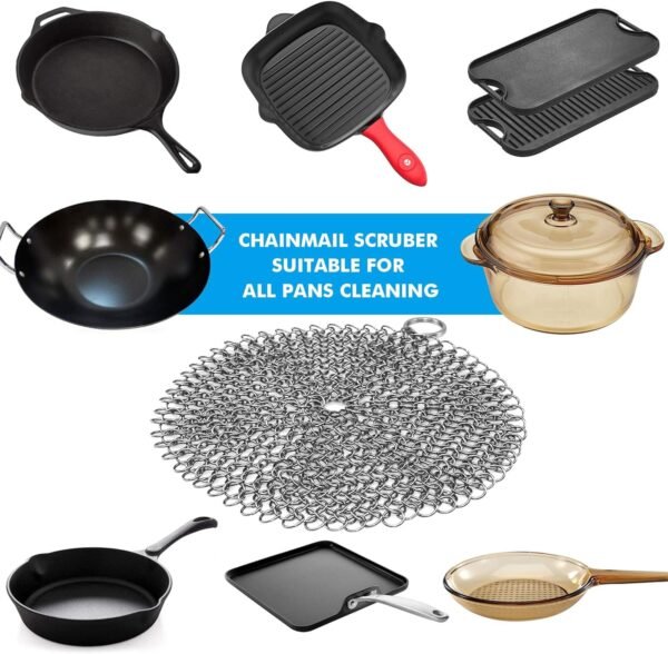 316 Stainless Steel Cast Iron Skillet Cleaner Cast Iron Scraper Chainmail Scrubber for Cast Iron Pans, Pre-Seasoned Pans, Griddle Pans, BBQ Grills, and More Pot Cookware-Round 7 Inch Diameter - Image 4