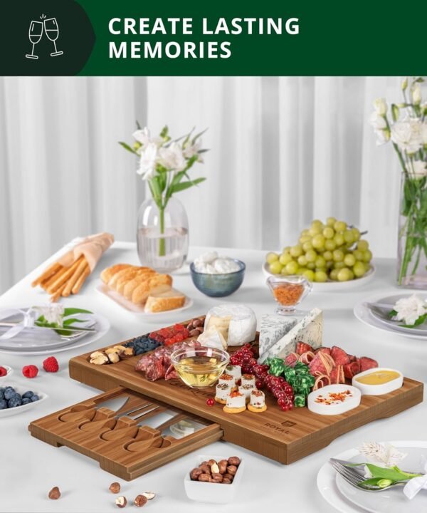 ROYAL CRAFT WOOD Bamboo Charcuterie Boards - Cheese Board Set with 2 Sauce Bowls, 4 Knives - Unique Charcuterie Board & Serving Tray - House Warming Gifts New Home Gifts - Image 5