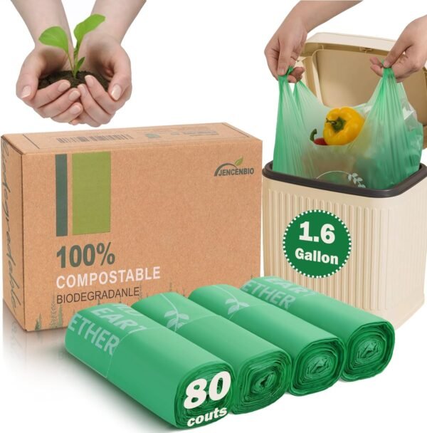 Compost Handle Bags 1.6 Gallon 6Liter Extra Thick 0.6 Mils Compostable Food Scrap Waste Bags with US BPI ASTM D6400 and Europe OK Compost Home Certified Pink 80 Couts