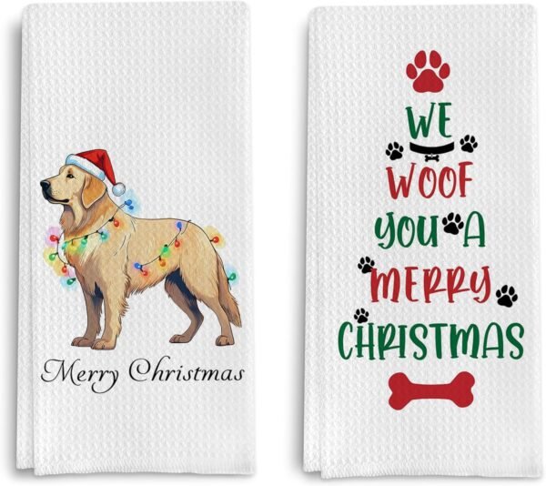Funny Christmas Dog Kitchen Towels,Christmas Hand Towels,Christmas Dog Waffle Weave Kitchen Dish Towels,Golden Retriever Tea Dish Towels For Kitchen Bathroom,Gifts For Dog Lovers(16×24 set of 2)
