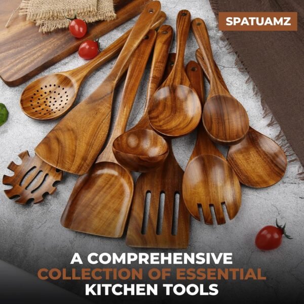 Wooden Spoons for Cooking, Gentle Wooden Utensils Set for Non-stick Pan, Long Hanle Wooden Spoon and Spatula Set of 10 - Image 2