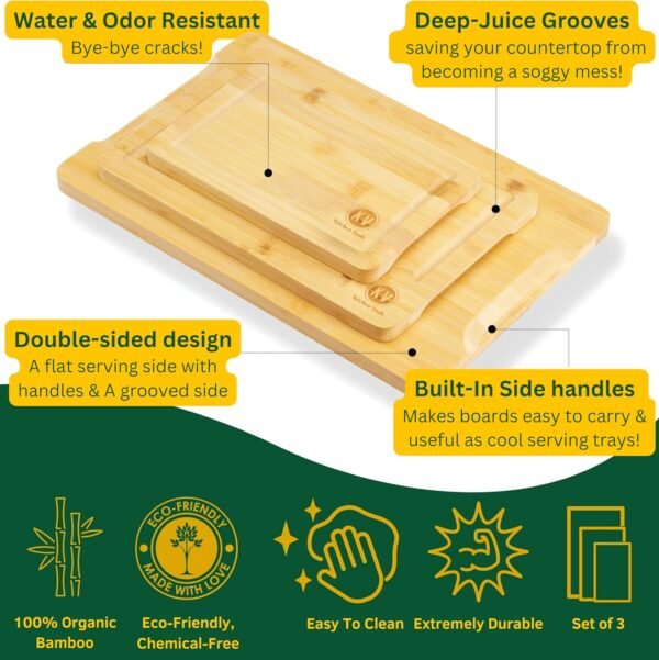 Bamboo cutting boards for Kitchen, Bamboo cutting board set of 3 with Juice Groove & Side handles, Thick Chopping Board for Meat, Veggies, Wooden cutting board set, Kitchen Must Have, Best Gift Idea - Image 2