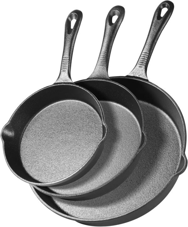 Cast Iron Skillets 3 Piece，Pre-Seasoned Cast Iron Frying Pan，Cast Iron Fry Pan Skillet Set Includes 6.5in，8in，10in Pans，Ideal for Use on any Type of Cooktop，Oven Safe