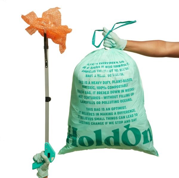 HoldOn Compostable Tall Trash Bags Clean Up Kit- 13-Gallon Bags (2PCS), Compostable Gloves, Trash Picker, Super-Strong Drawstring Handle, Multi-Way Flex Material Triple Ply Leak Resistant Eco-Friendly