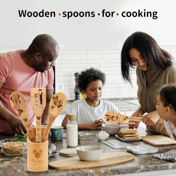 Wooden Spoons for Cooking, Bamboo Cooking Kitchen Utensils Set, Housewarming Birthday Anniversary Present for Friend (6PCS) - Image 5