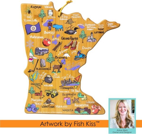 Totally Bamboo Minnesota State Shaped Cutting Board and Charcuterie Serving Platter with Artwork by Fish Kiss, Includes Hang Tie for Wall Display - Image 6