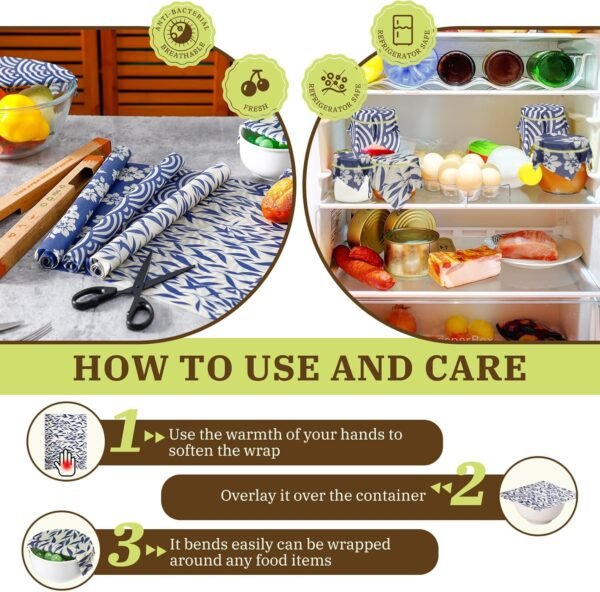 Moukeren 3 Rolls Reusable Beeswax Wrap 13'' x 40'' Food Wrap Beeswax Paper Beeswax Food Wrappers Cotton Bread Sandwich Wrapper for Kitchen Storage Gifts, 3 Styles (Vivid) - Image 5