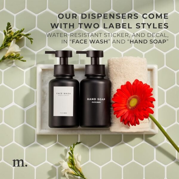MaisoNovo Glass Foaming Hand Soap Dispenser 14 Oz | Black Foaming Soap Dispenser Black Plastic Pump x 1 w/Labels - Image 4