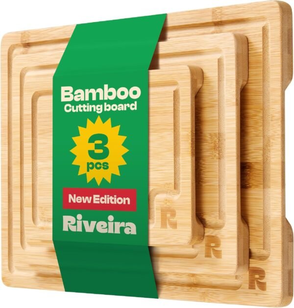 Riveira Bamboo Cutting Boards For Kitchen – Versatile and Durable: Set Of 3 Pcs Rectangular Wooden Cutting Board – Wooden Cutting Boards For Kitchen – Complete Wooden Cutting Boards For Kitchen