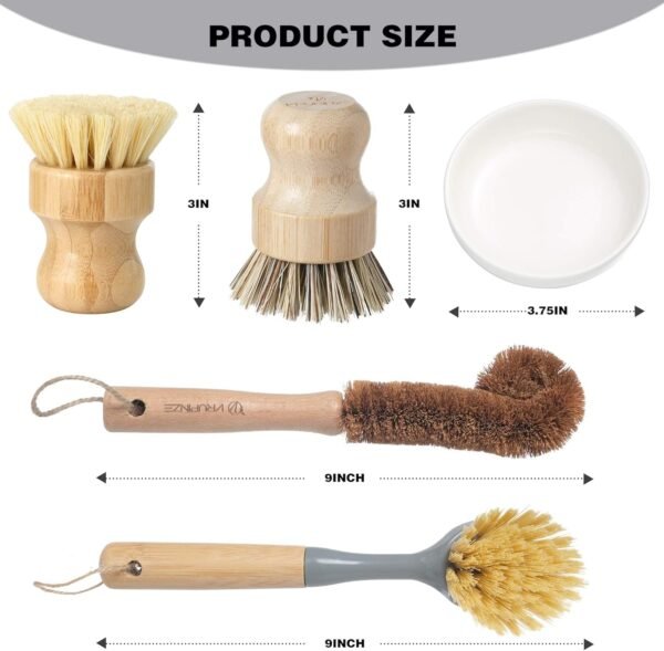 Natural Bamboo Dish Brush Bottle Scrub Brush 4-Piece Set, with Ceramic Soap Dispenser - Wooden Washing Up Brushes with Sturdy Handles for Cleaning Dishes, Pots, Pans, Gift Kit - Image 3