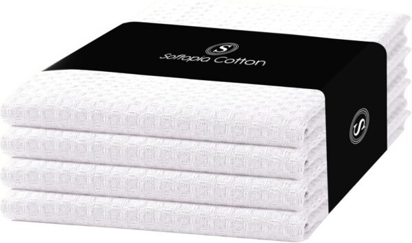 Waffle Kitchen Dish Towel 100% Cotton, Soft Absorbent Quick Drying Hand Cleaning Towel for Multipurpose, Bar, Tea Towel 16x26 Inches, Set of 4, White