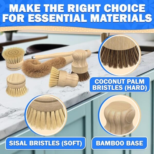 5Pcs Bamboo Dish Brush Set - Wooden Dish Brush Bamboo Scrub Brush for Dishes Wood Dish Brush Bamboo Dish Scrubber Set Palm Brush Wood Dish Scrub Brush - Wooden Dish Scrubber Kitchen Brush Set - Image 4