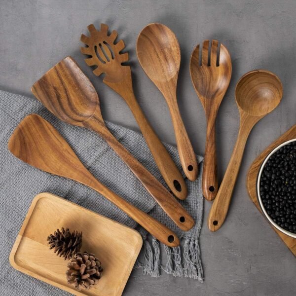10 Pack Wooden Spoons for Cooking, Teak Wood Kitchen Utensils Set for Non Stick Use, Spatula Set for Stirring, Baking, Non Stick Wooden Utensils for Kitchen - Image 5