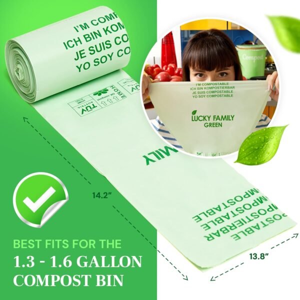 Lucky Family Green Compost Bags for Kitchen Countertop Bin -1.3 gallon trash bags to 1.6 Gallon trash bags - 100% Compostable Trash Bags for Food Waste, Organic Biodegradable Trash Bags - 50 Bags Roll - Image 5