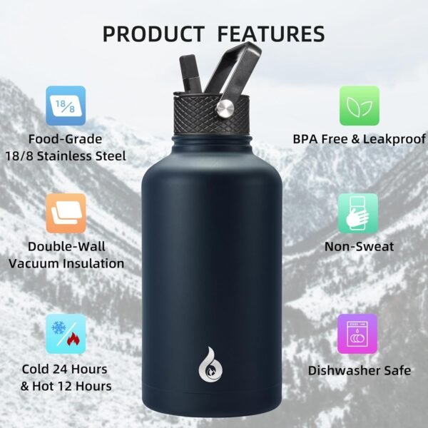 BJPKPK Half Gallon Insulated Water Bottles with Straw Lid,64oz Large ,Stainless Steel Water Bottles with 3 Lids and Paracord Handle for Hot & Cold Liquid, Navy Blue - Image 3