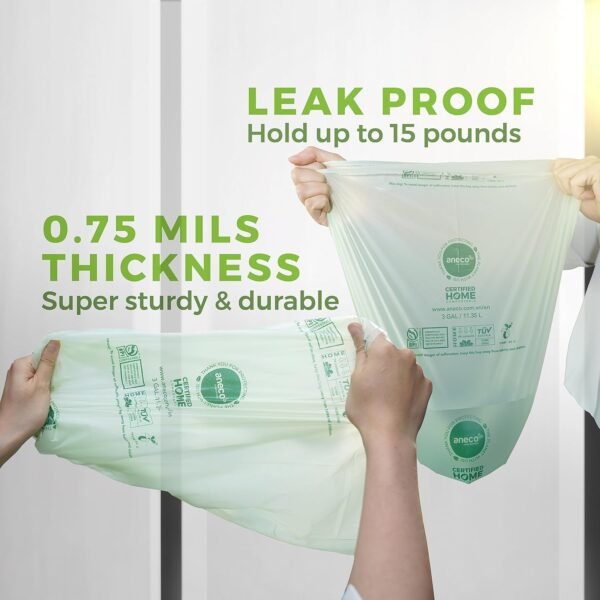 ANECO 100% Compostable Food Waste Bags 3 Gallon, 100 Count, Extra Thick Compost Bags for Countertop Bin, Small Compost Bag, Food Waste Bags with TUV OK Compost Home and BPI certified - Image 4