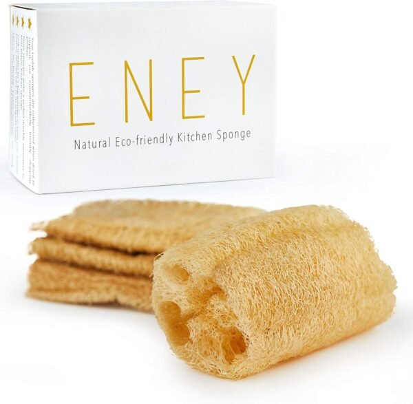 ENEY Eco-Friendly Natural Kitchen Washing Up Sponge | 100% Plant-Based Biodegradable | Four Pack of Non-Odor Dish Sponges | Sustainable Unbleached Loofah | Plastic-Free
